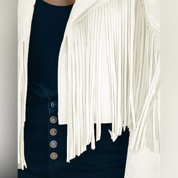 CHARTOU Women's Chic Cropped Tassel Fringe Faux Suede Moto Jacket NWT - Picture 3 of 13
